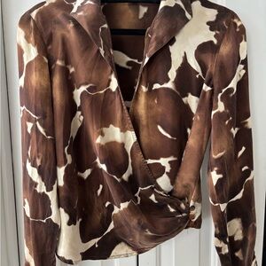 Source Unknown Brown and Cream Abstract Wrap Blouse